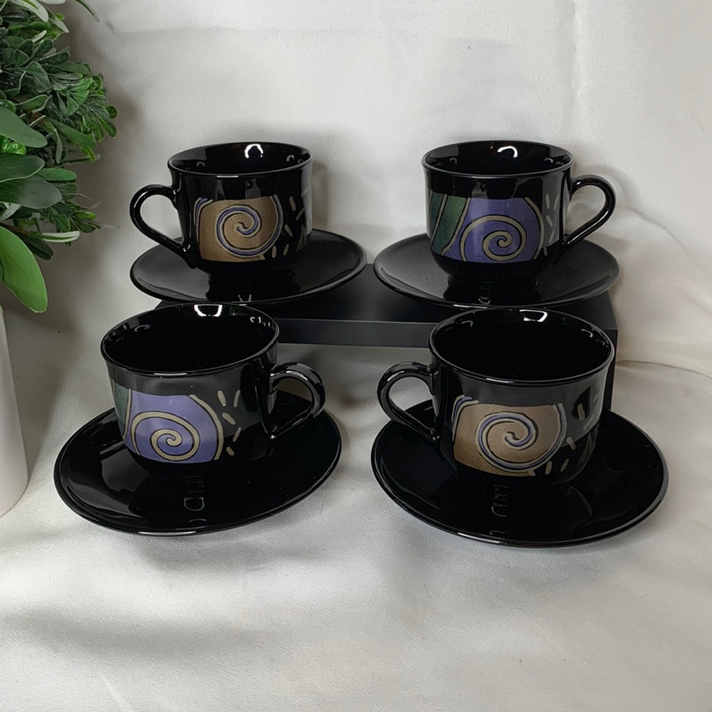 Set of 4 Vintage Arcoroc Tampico Cups & Saucers  Black With Green Purple Gold
